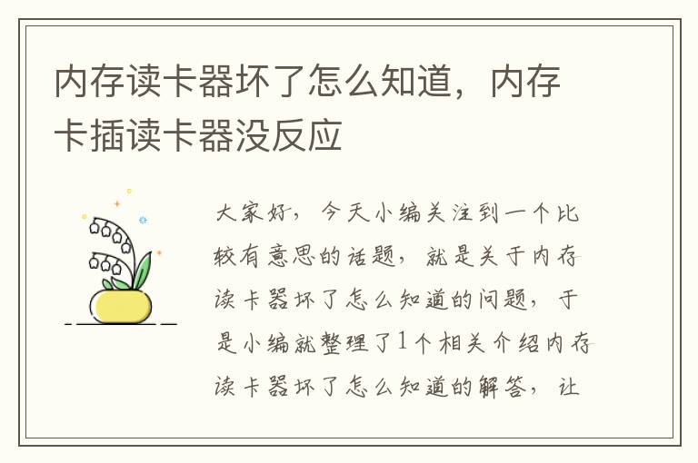 内存读卡器坏了怎么知道，内存卡插读卡器没反应